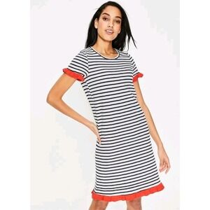 Boden EMILY Navy White Stripe T-Shirt Dress Orange Ruffle Sz 4R‎ Preppy